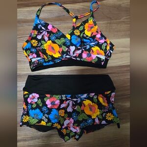 PINK Victoria's Secret Black Floral Bikini Set with Bright Multicolor Flowers
